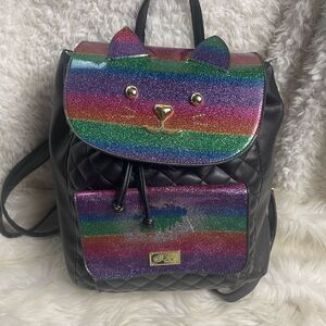 Betsey Johnson Rainbow Cat Black quilted Backpack drawstring closure .
